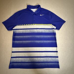 NIKE Polo Shirt Mens Large Blue White Striped Golf Dri-Fit Performance Sport